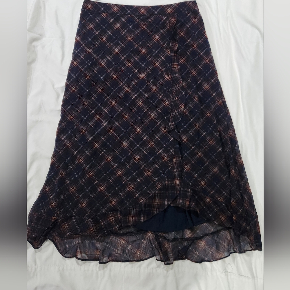 Maurices Navy and Orange Plaid Maxi Skirt